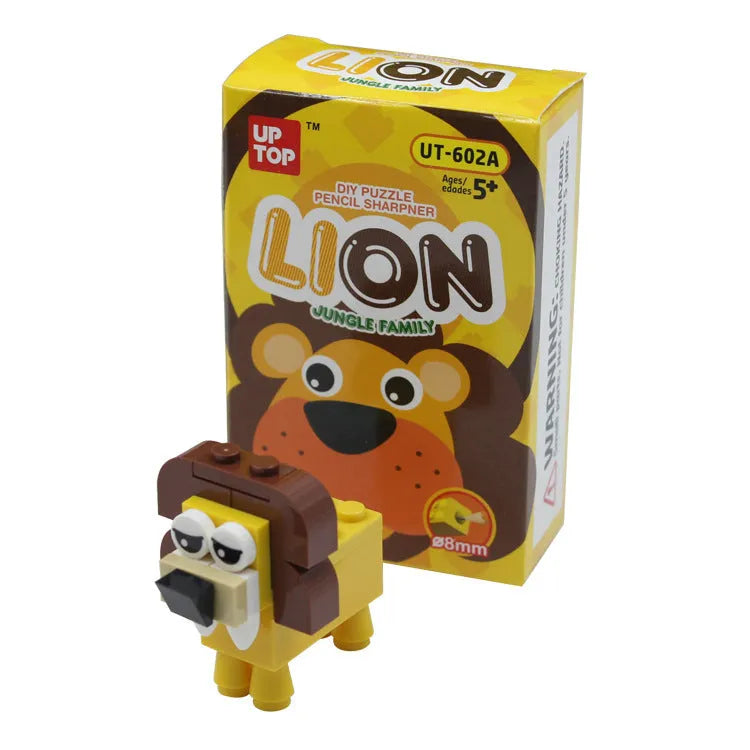 Assembled DIY building block pencil sharpener shaped like an Elephant on a wooden desk