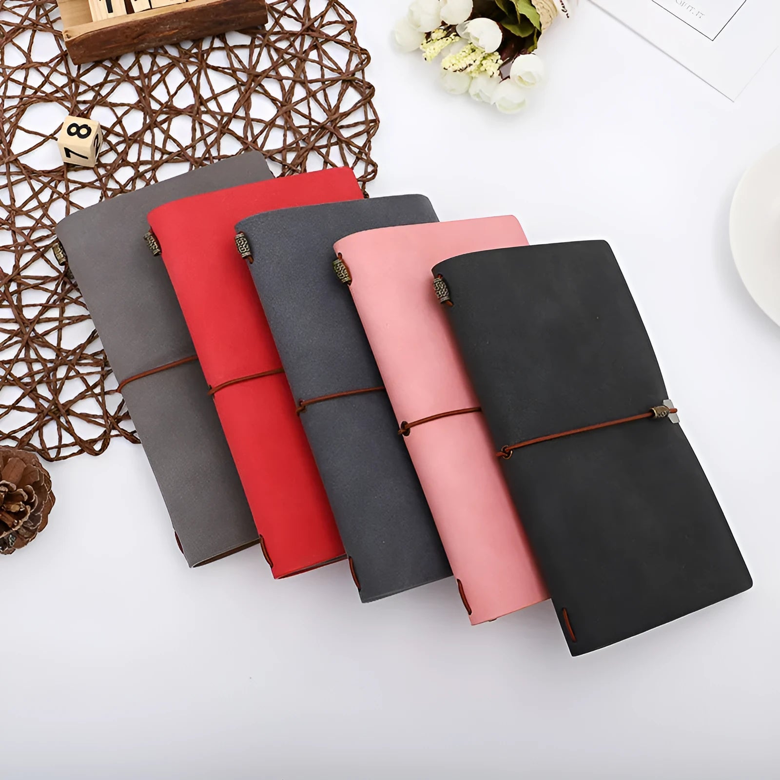 A6 cowhide rope diary notebook with imitation leather cover in grey, pink, or red.