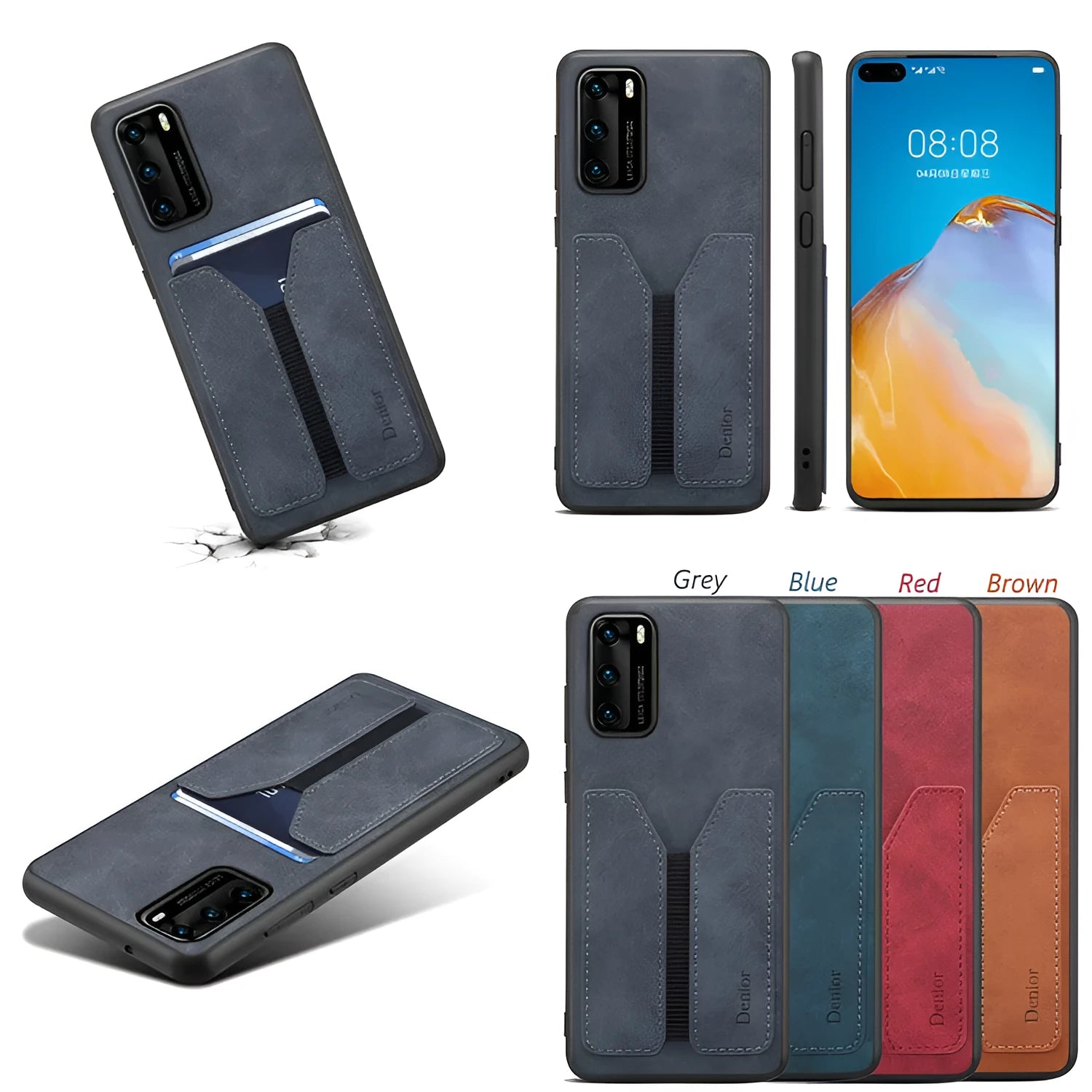 Huawei P30 imitation leather card holder cover in blue with card slot and rear camera cutout