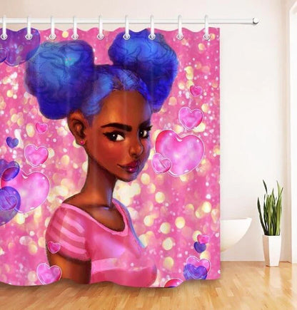 Vibrant Afro-urban printed shower curtain with modern building and African girl design