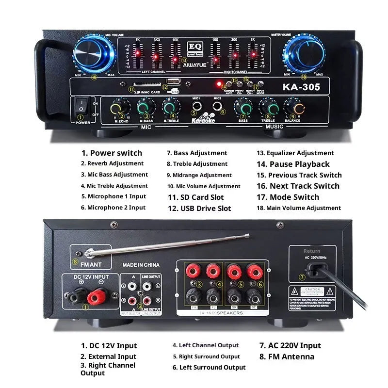 KA-305 household power amplifier in black with 60W 4.1 channel Bluetooth and EQ equaliser