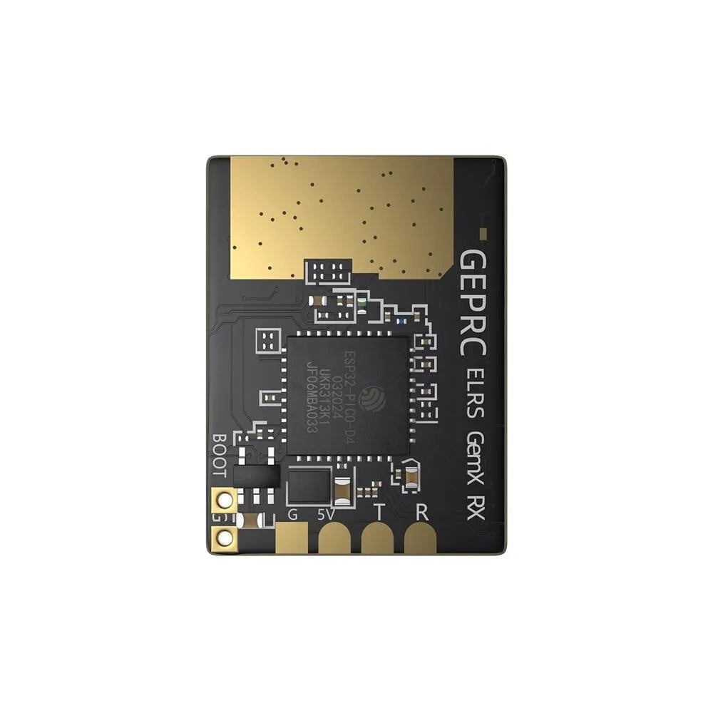 Gemini ELRS dual-frequency FPV receiver with two T-shaped antennas and installation accessories on a table.