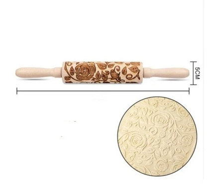 Personalized Christmas rolling pin with a variety of embossed holiday designs, including snowflakes, reindeer, and Merry Christmas patterns