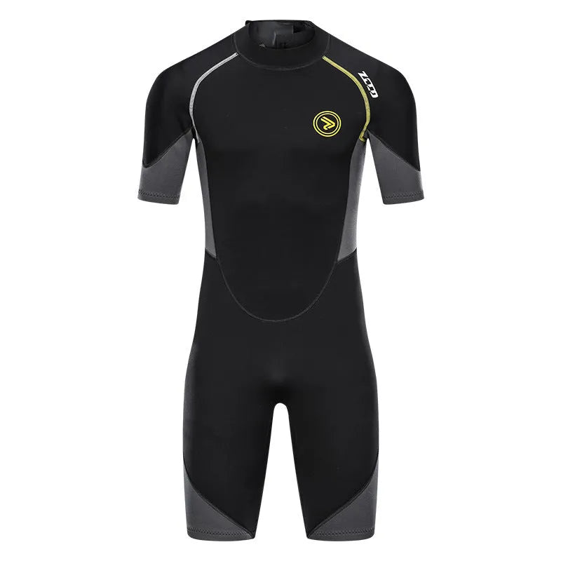 Black men's short sleeve SCR neoprene wetsuit shorts with round neck and YKK zipper, sizes S-4XL