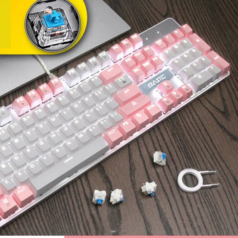 Girly pink mechanical keyboard with 104 keys and USB cable