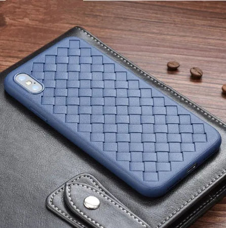Luxury grid weaving pattern TPU phone case for iPhone with raised screen edges and anti-fingerprint finish.