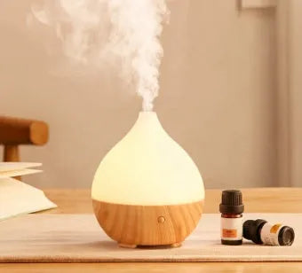 Asakusa wood grain finish vase-shaped 100ml USB aroma diffuser on a surface.
