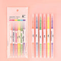 Set of six double-headed marker pens showing round and oblique tips, in assorted colours.