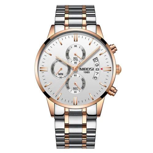Men's gold chronograph sport watch with full steel strap and luminous dial