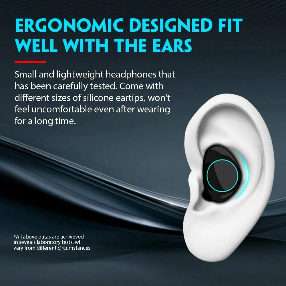 Samload Wireless Headphones 5.0 Bluetooth earbuds in black with ear hooks and charging case