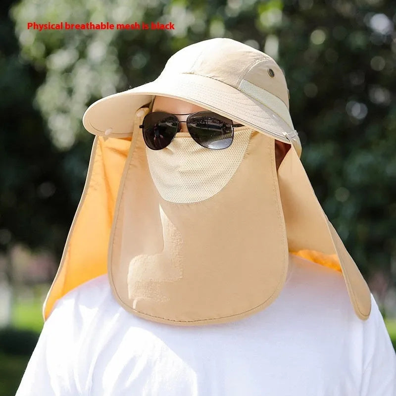 Khaki coloured sun hat with built-in USB fan and attached face covering shawl for neck protection.