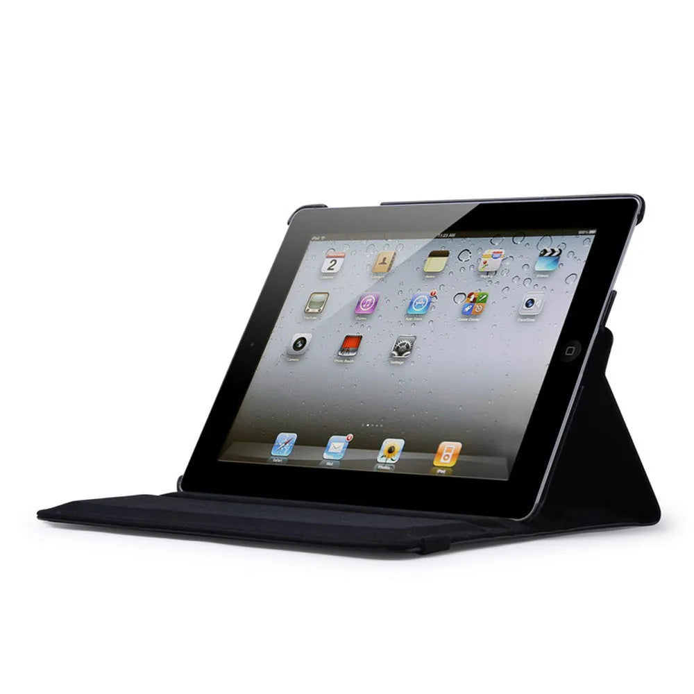 PU leather rotary clam shell case for iPad mini and iPad 2/3/4 in various colours, showing stand function.