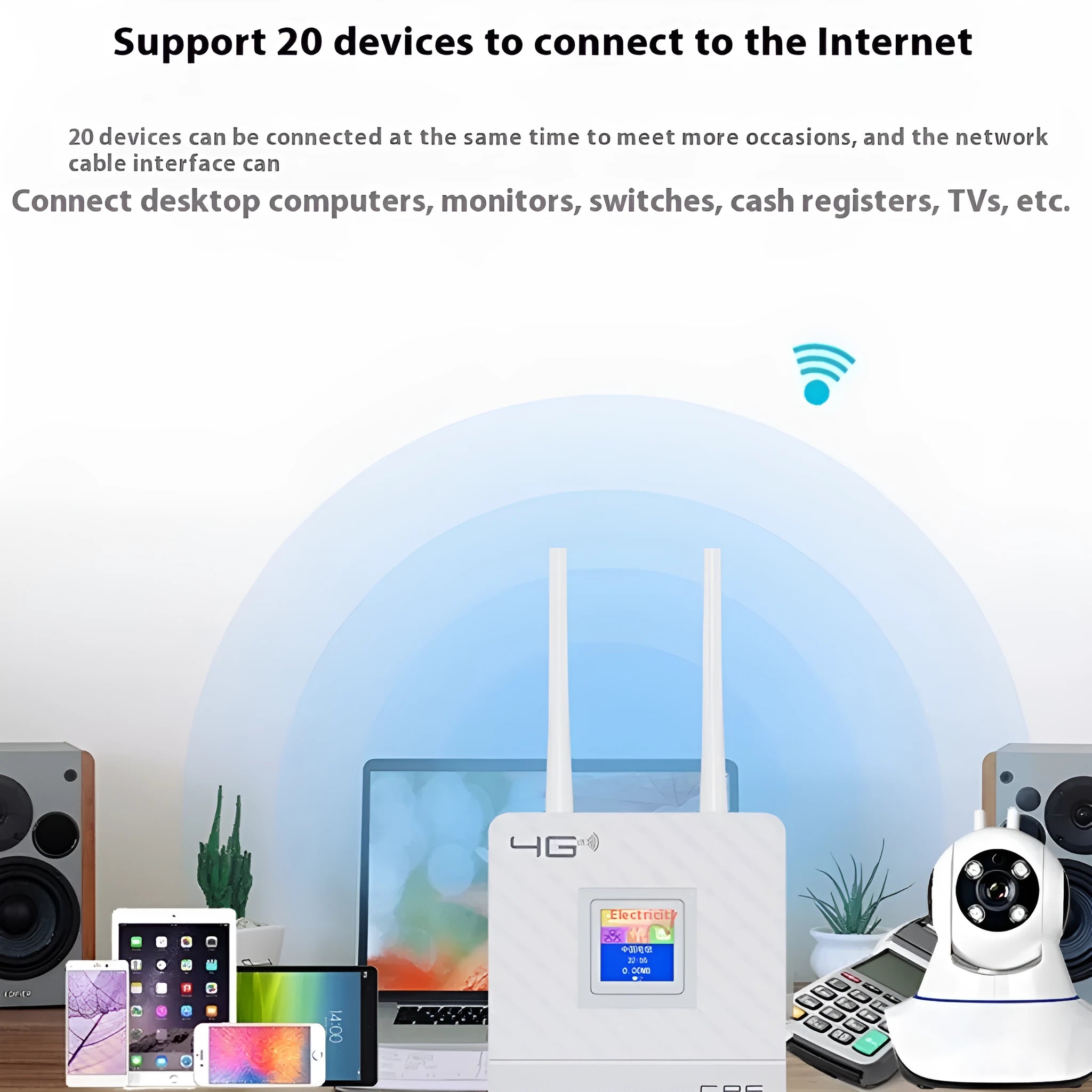 Home office LTE router with two antennas, DC power interface, and international power supply options