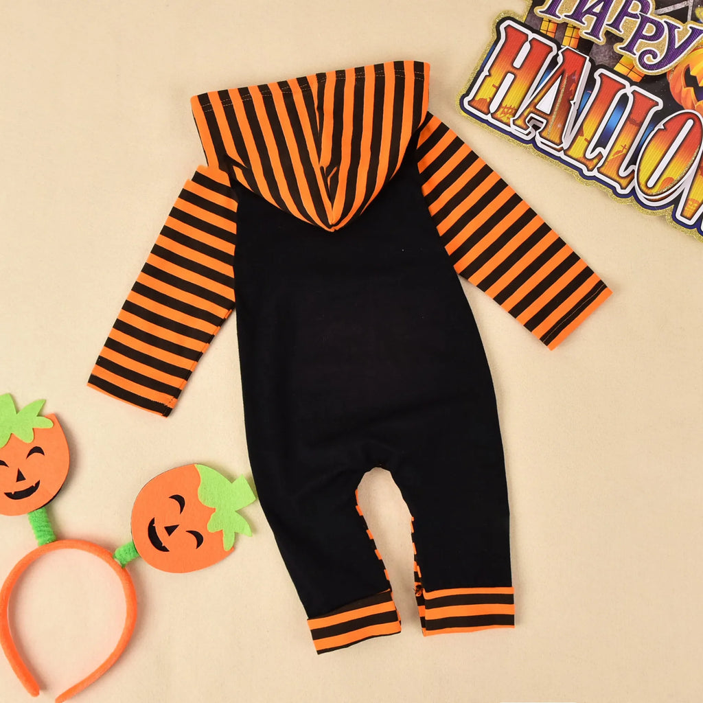 A black or brown hooded Halloween romper costume with long sleeves for a baby or toddler.