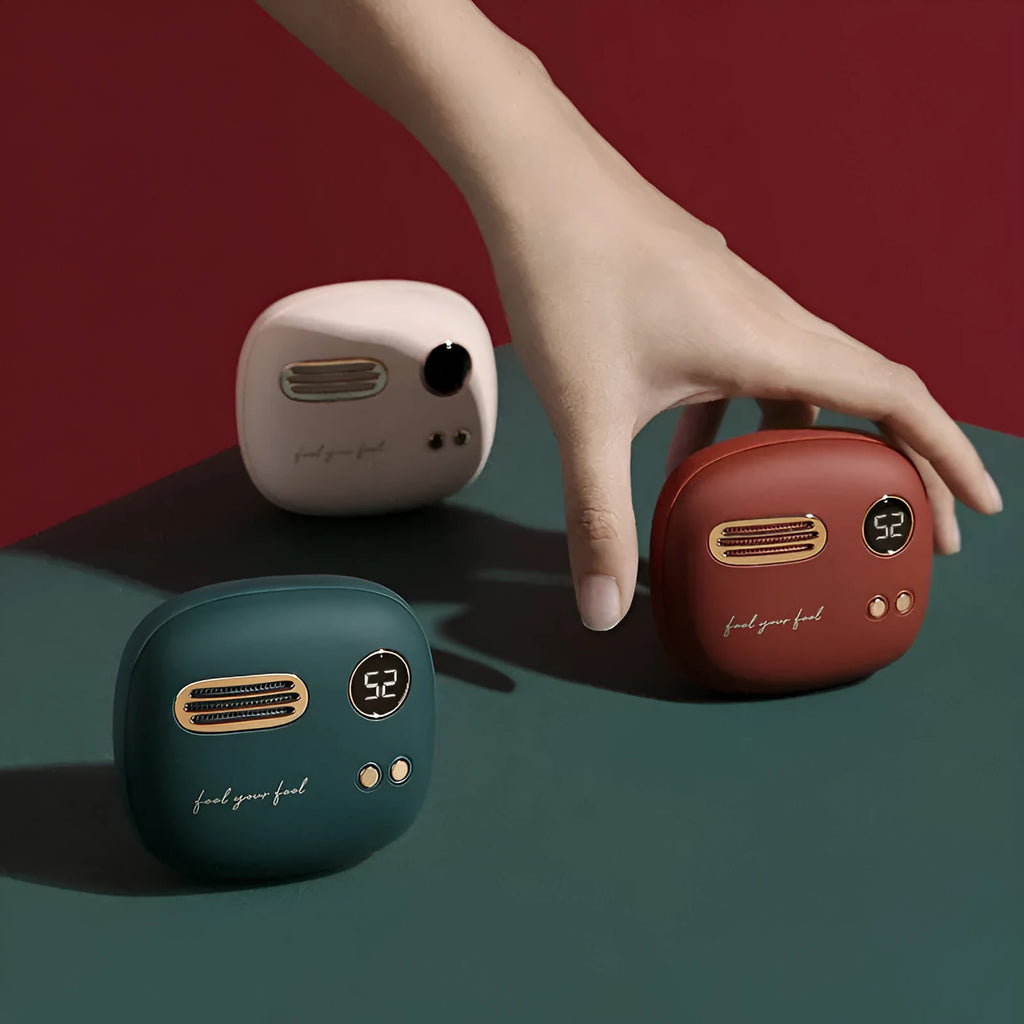 2-in-1 retro hand warmer and 5000mAh power bank in purple with digital display