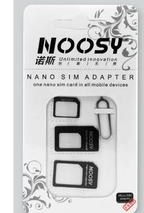 Three-piece SIM card cutting kit with nano SIM trays and micro adapter in black or white