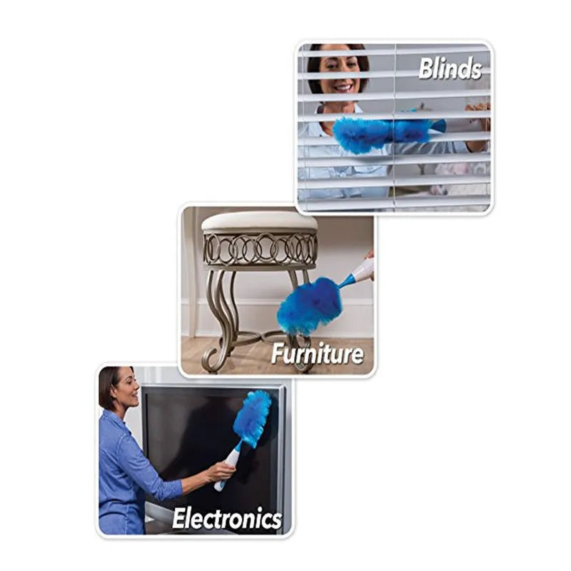 Blue electric dust cleaner with electrostatic bristles, 2 duster heads, for ceiling fans and blinds
