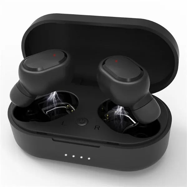 Black and white M1 wireless Bluetooth earbuds with a charging case on a table.