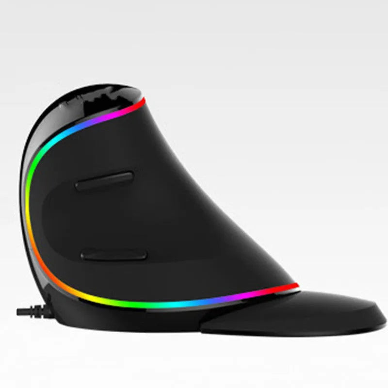 Vertical ergonomic computer mouse with RGB lighting and USB cable on a desk