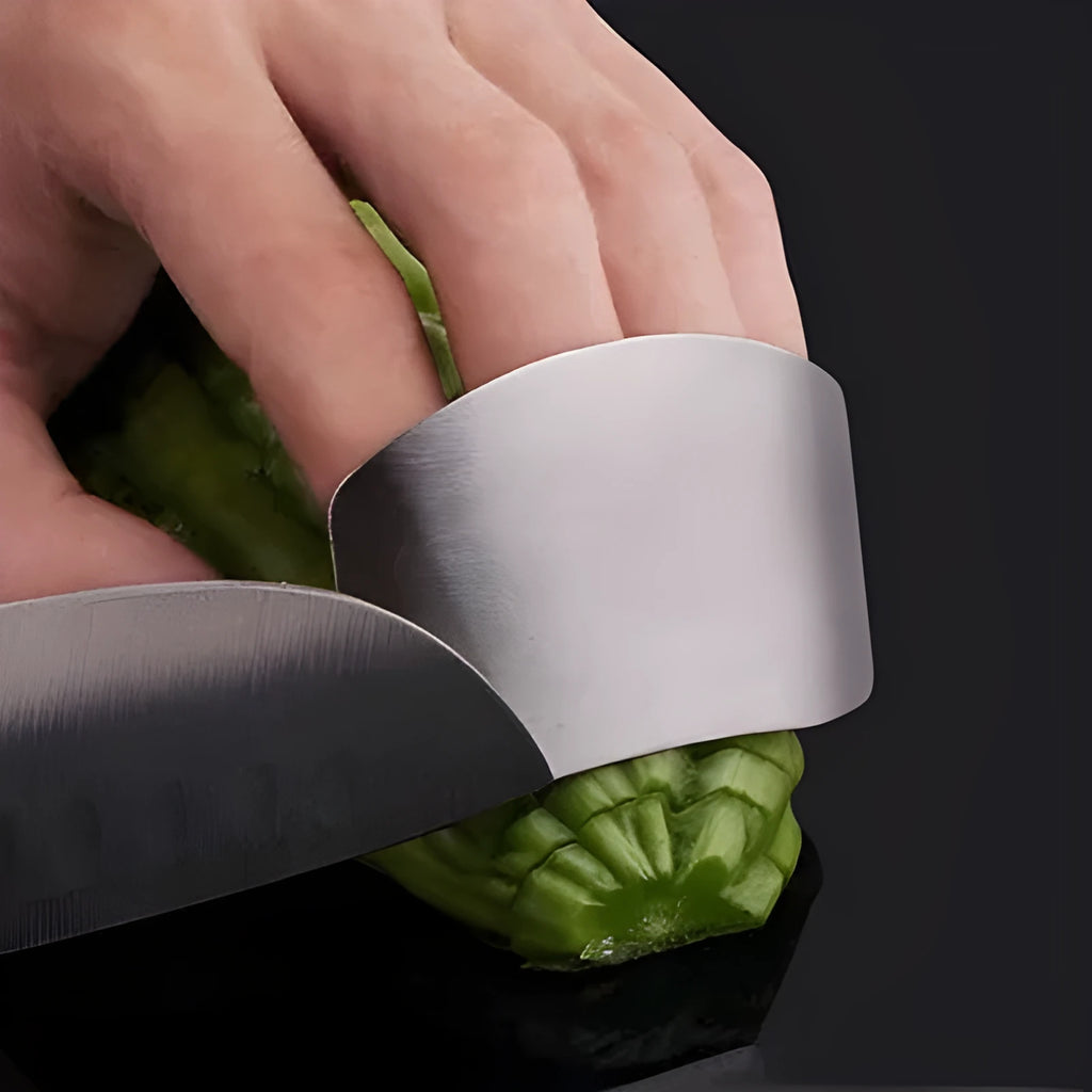 Stainless steel finger guard for cutting vegetables, shown in single and double finger sizes.