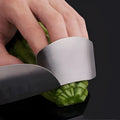 Stainless steel finger guard for cutting vegetables, shown in single and double finger sizes.