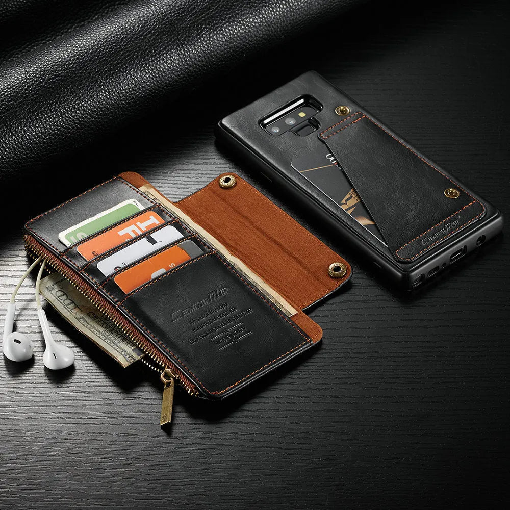 Black PU leather flip phone case for Samsung Galaxy Note9, shown open and closed.