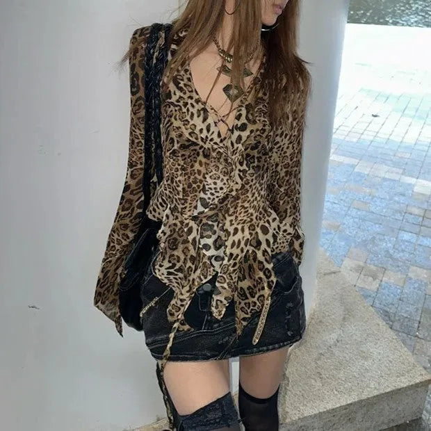 Leopard print V-neck long sleeve slim fit polyester top for women with tie front