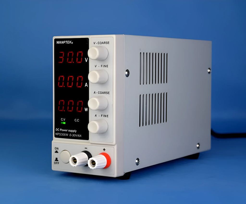 White adjustable DC laboratory power supply with digital display, model S605W, UK plug.