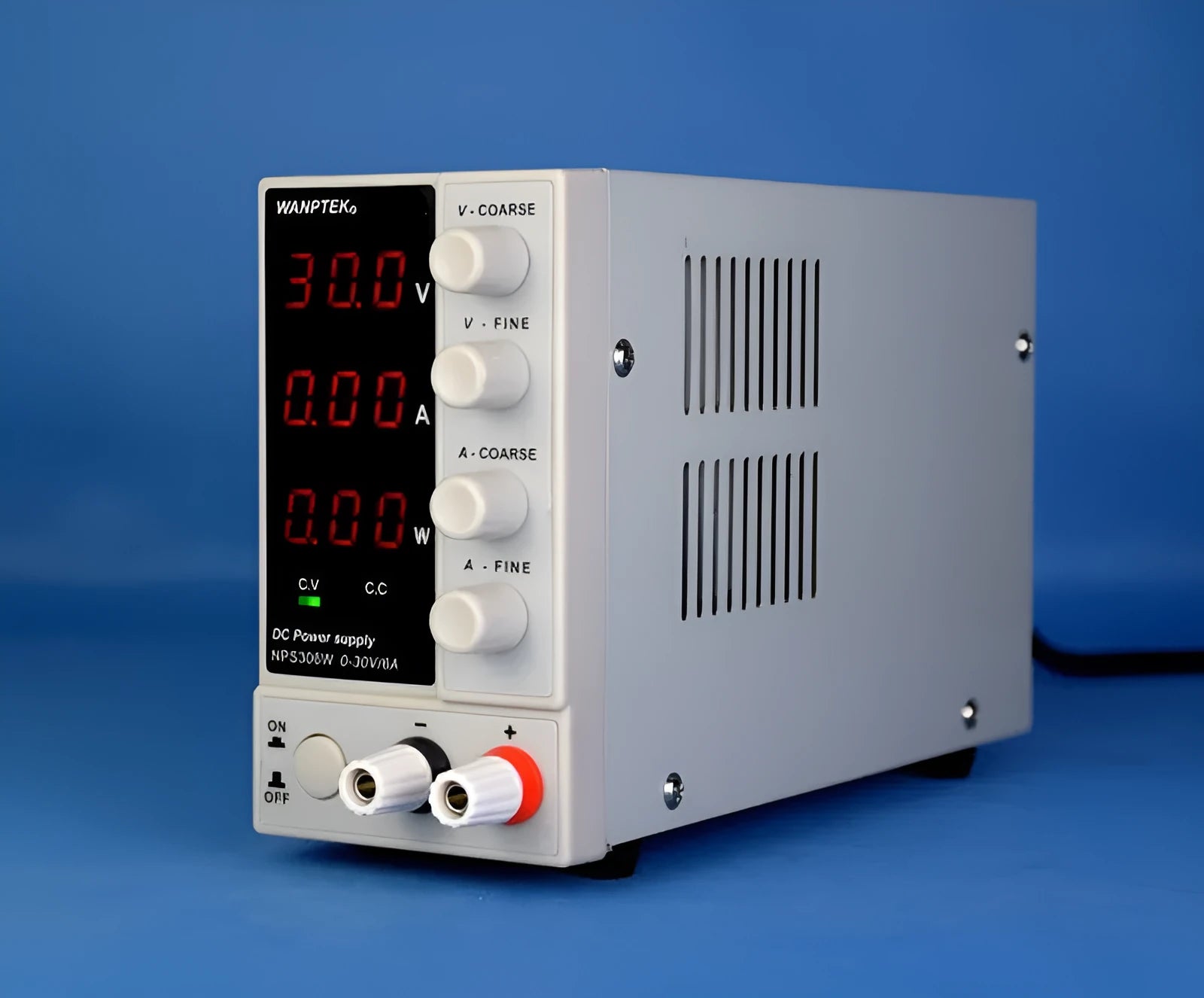 White adjustable DC laboratory power supply with digital display, model S605W, UK plug.