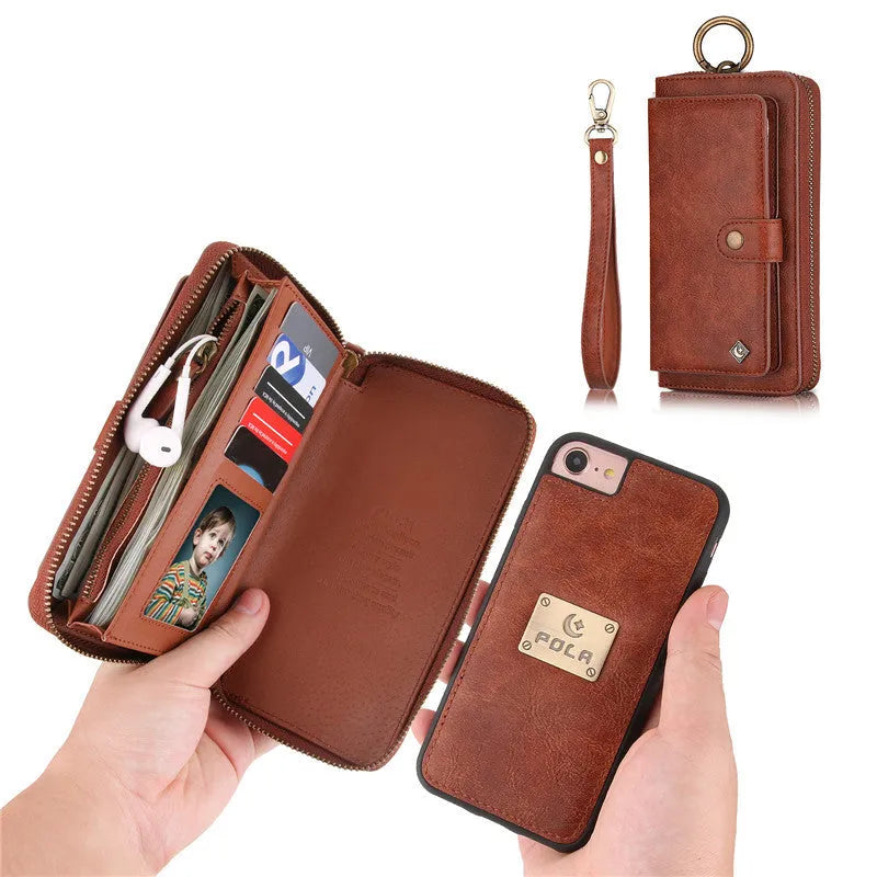 Multifunctional zipper wallet case for iPhone X and 6/7/8 Plus in black, with detachable inner shell, belt clip, card slot, and zip pocket.