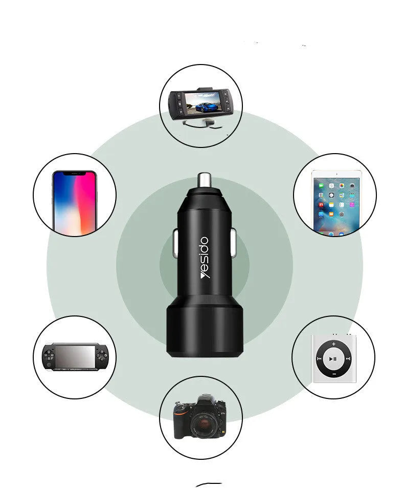 Black dual USB car charger with QC3.0 fast charge output and aluminium alloy body