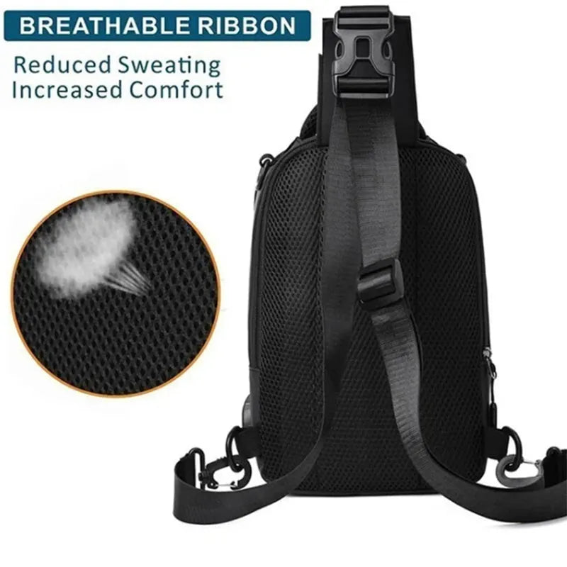Men's waterproof nylon crossbody chest bag in khaki, medium square vertical section with zip closure and multiple compartments