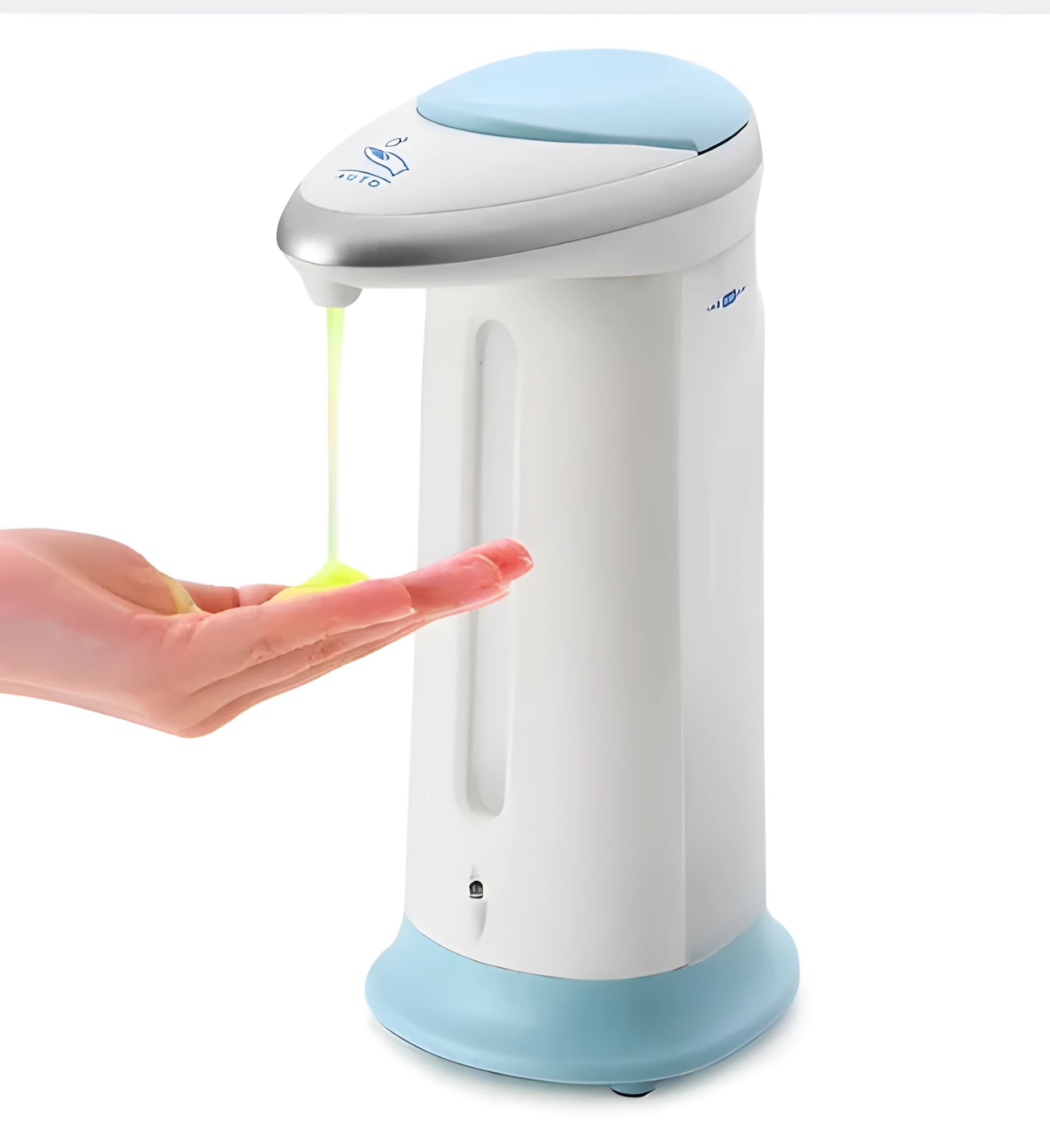 White automatic sensor soap dispenser on kitchen counter with infrared hand detection