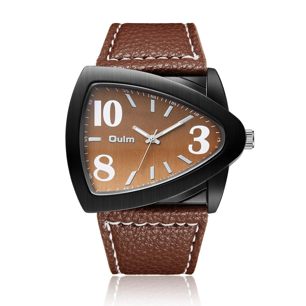 Men's casual watch with a geometric triangle-patterned strap and slim case, shown in brown, black, and blue colour variants.