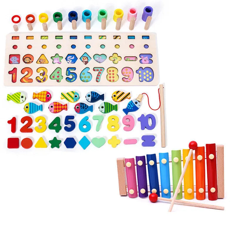 Wooden 3D alphabet and number puzzle board with colourful geometric pieces for toddlers