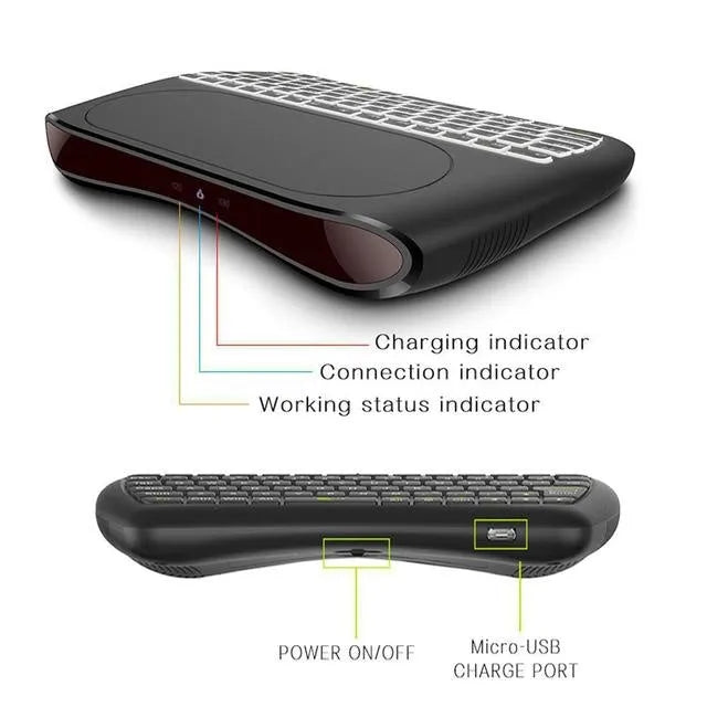 Black D8 Pro wireless mini keyboard with built-in touchpad and 78 QWERTY keys