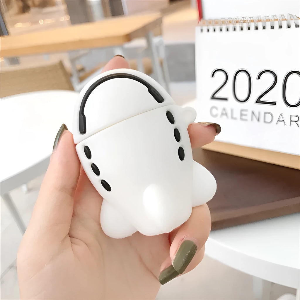 Silicone AirPods protective case with cartoon aeroplane headset design and metal hook