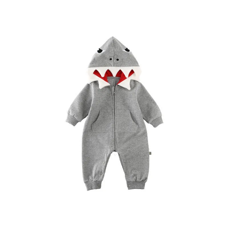 Children's cartoon shark hooded robe in gray, with zipper closure and long sleeves