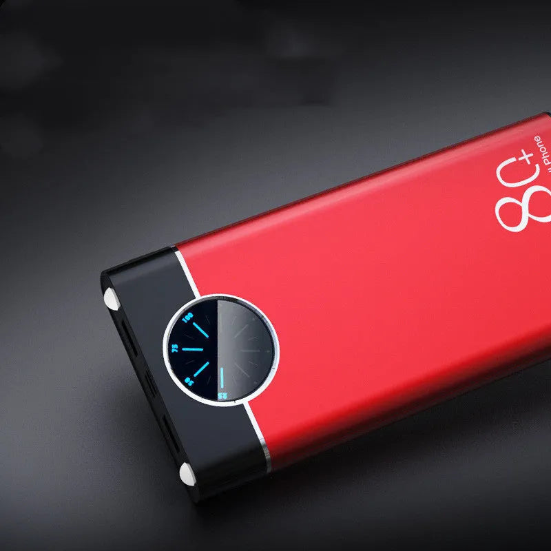 20000mAh alloy shell mobile power bank with LED flashlight in black, red, and blue colour options