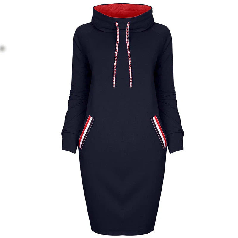 Elegant long sleeve midi dress in various colors and sizes, featuring a high collar and flattering silhouette