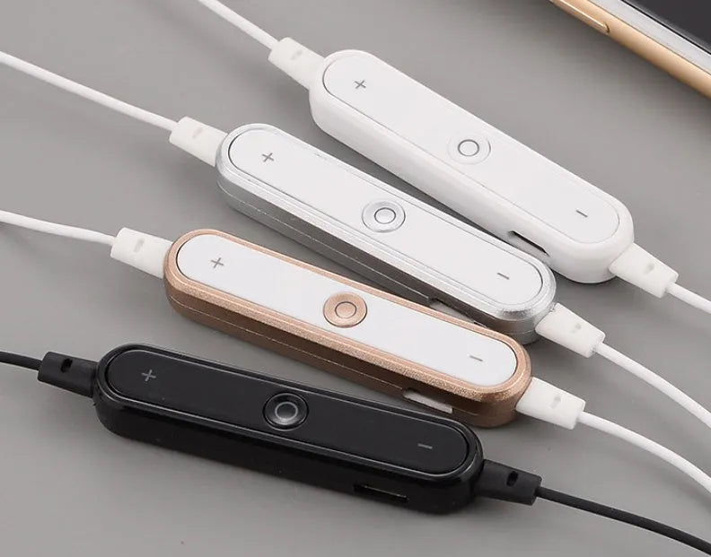 S6 wireless Bluetooth headset for iPhone in Black, White, Champagne Gold, or Silver colour options.