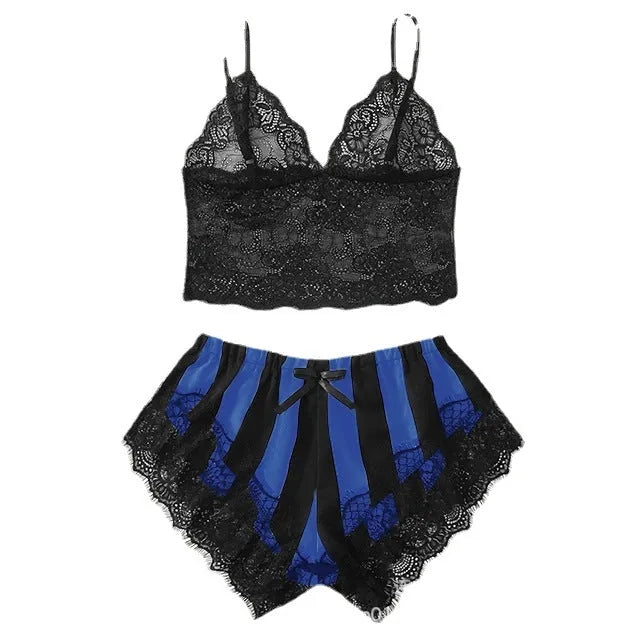 Women's lace home striped underwear set bikini style bra and shorts in black and white spandex