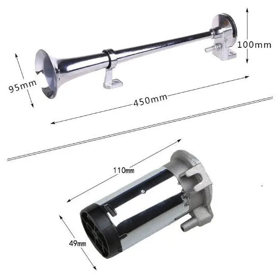 12V single trumpet loud car horn with chrome finish, 450mm length, on a white background