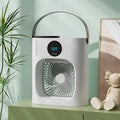 White USB refrigeration air conditioner fan with screen display and button control on a desk