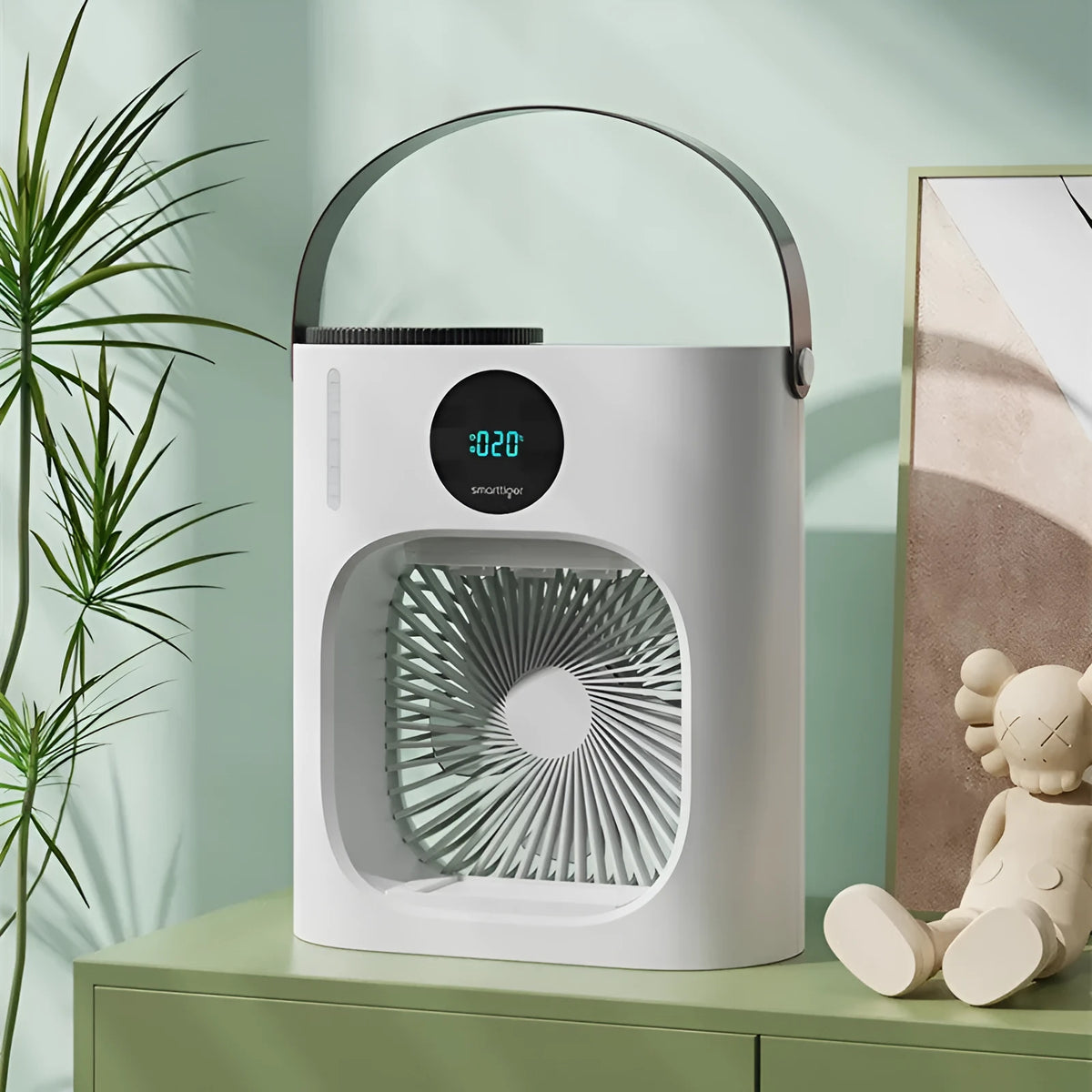 White USB refrigeration air conditioner fan with screen display and button control on a desk