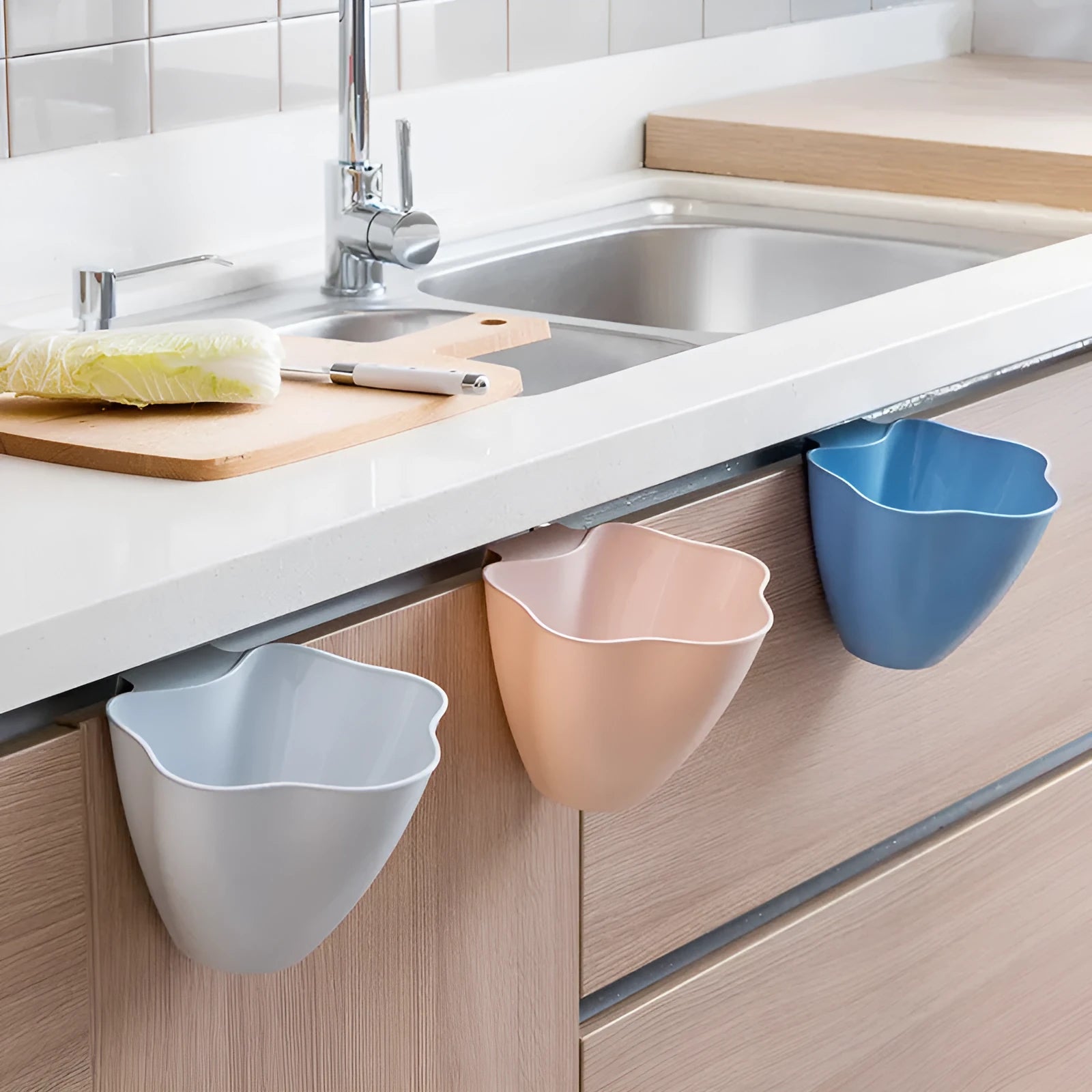 Nordic blue cabinet-mounted kitchen rubbish bin shown next to its dimensions.