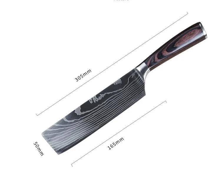 7Cr17 stainless steel kitchen knife with Damascus patterned 18 cm blade and coloured wood handle