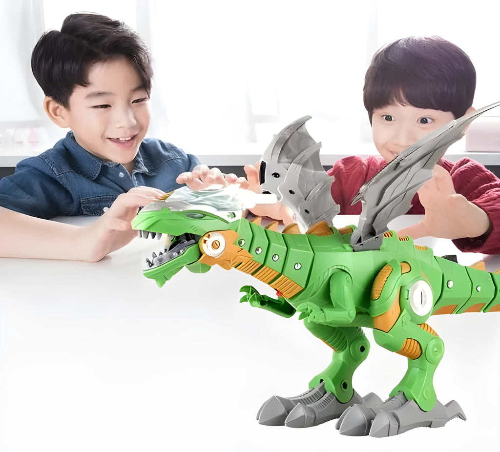Intelligent robot toy dinosaur in white, spraying water mist with glowing light effects, walking on flat surface