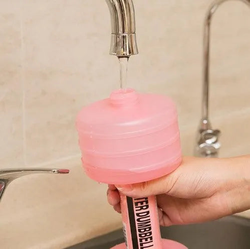 Pair of water-filled fitness dumbbells in pink and green, polypropylene, approximately 1kg each when filled