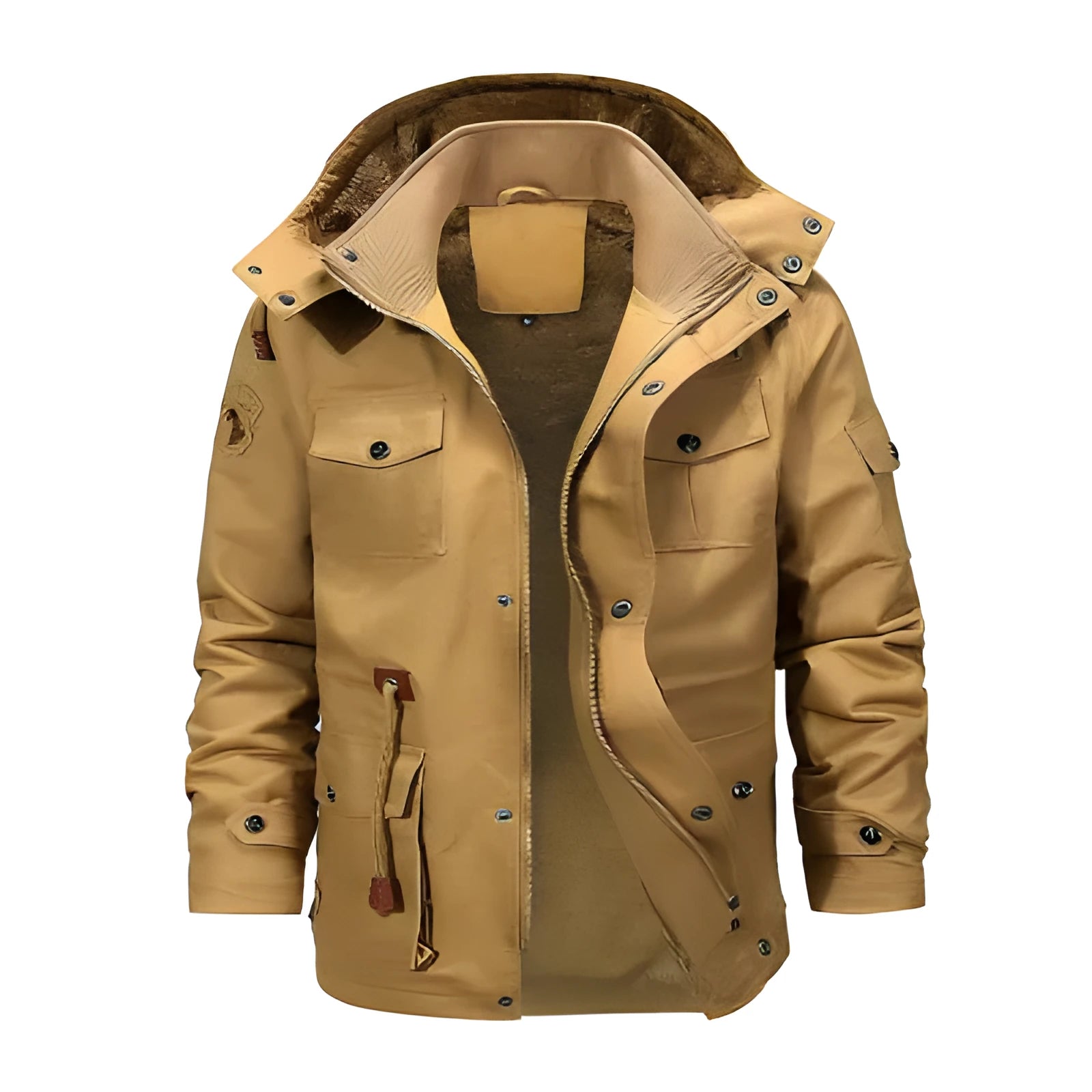 Long length pure cotton jacket with velvet lining, stand-up collar and hood in khaki green black colour options
